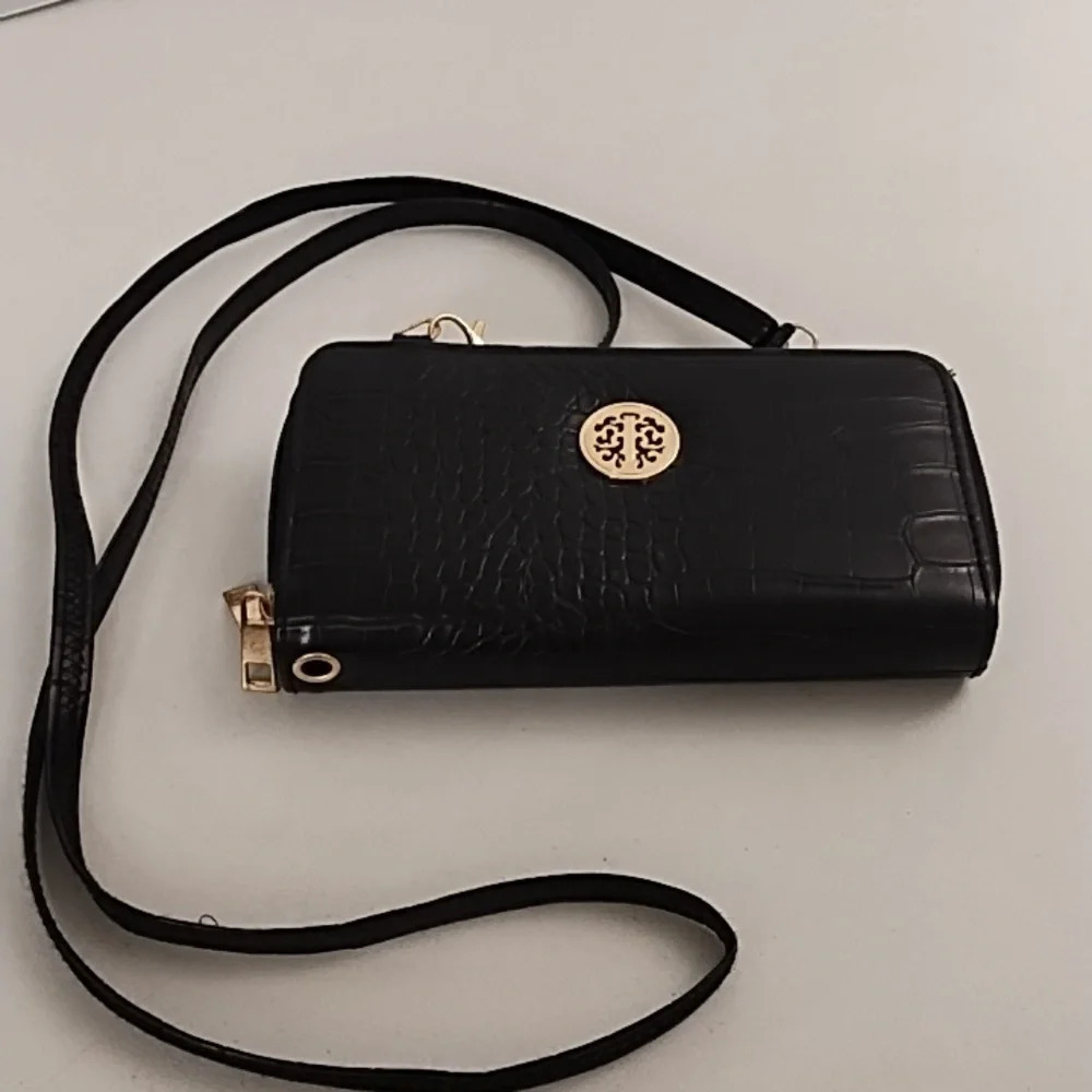 Black Croc-Embossed Crossbody Wallet with Gold Logo Accent